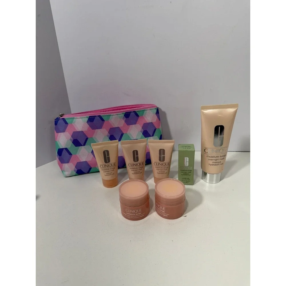 Clinique Moisture Surge Skincare Set 8pc  Hydrator Overnight Mask Makeup Bag NEW